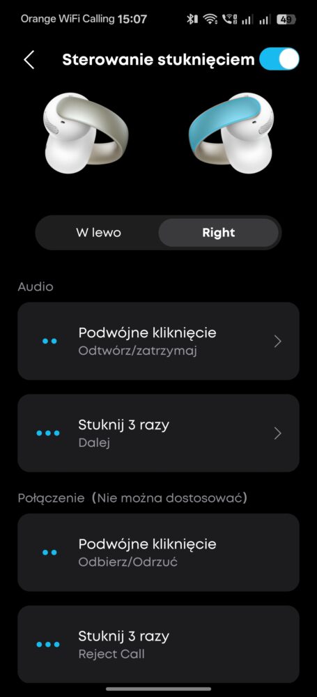 Aplicacja Soundcore - sterowanie stuknięciem