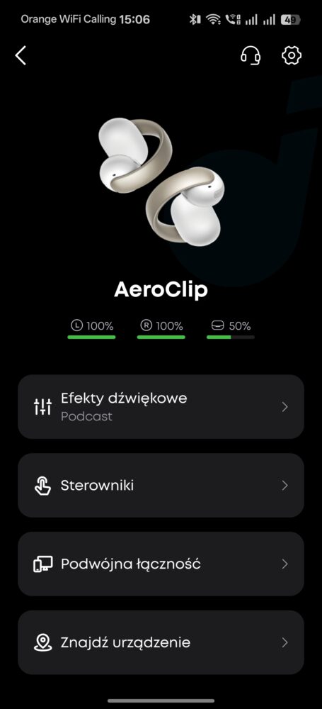 Aplicacja Soundcore - ustawienia AeroClip