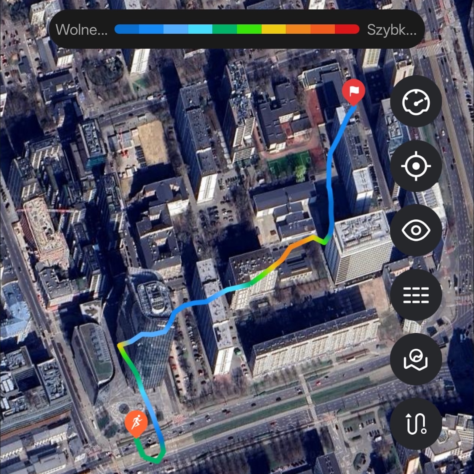 Zrzut ekranu z aplikacji Mibro Fit pokazujący niedokładny zapis trasy GPS w terenie miejskim