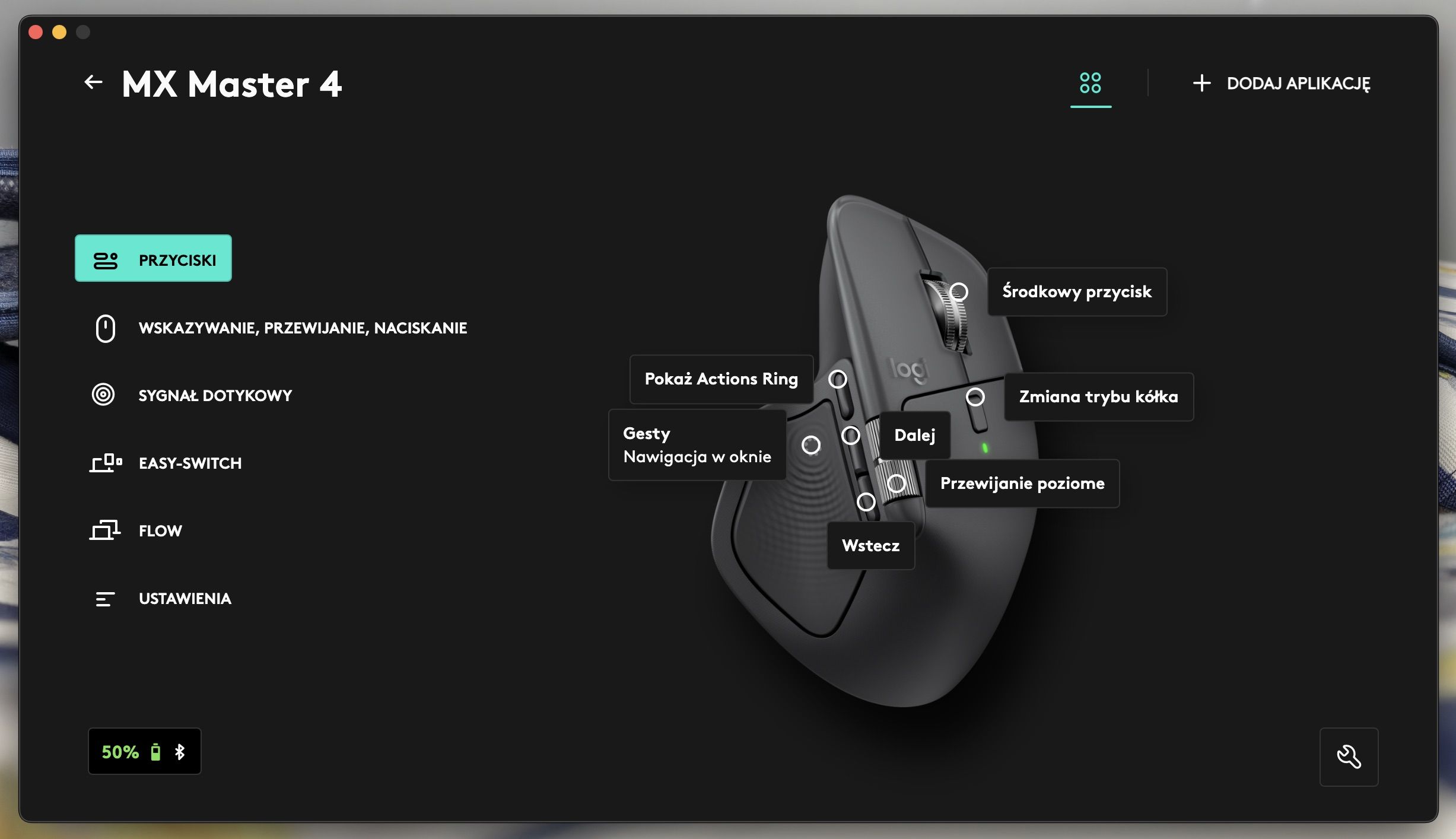 Ekran konfiguracji przycisków Logitech MX Master 4 w aplikacji Logi