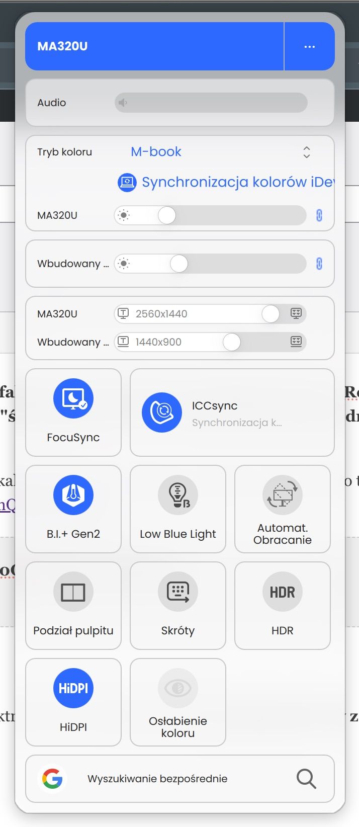 Interfejs oprogramowania BenQ Display Pilot 2 na systemie macOS, widoczne suwaki synchronizacji jasności oraz aktywny tryb kolorów M-book dla monitora MA320U