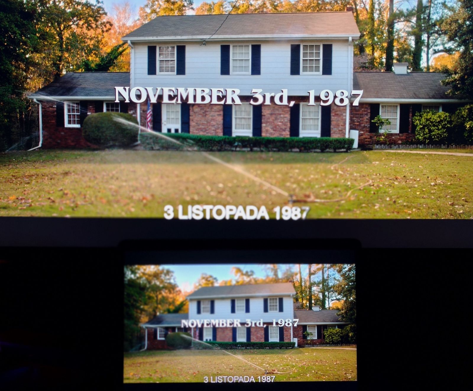 Kadr z serialu wyświetlany jednocześnie na BenQ MA320U i MacBooku Air