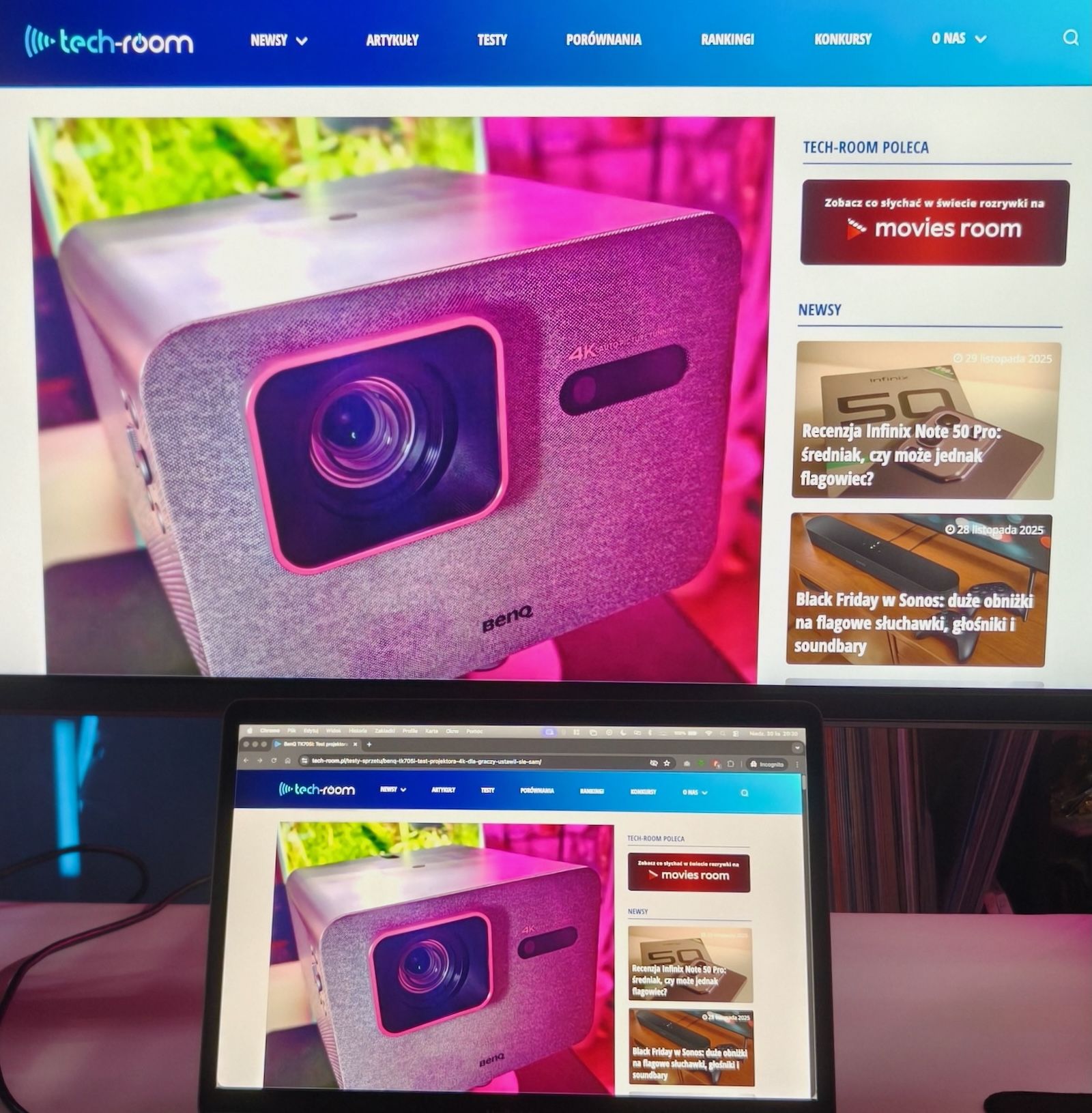 Porównanie wyświetlania strony Tech-Room na monitorze BenQ MA320U i MacBooku Air M1