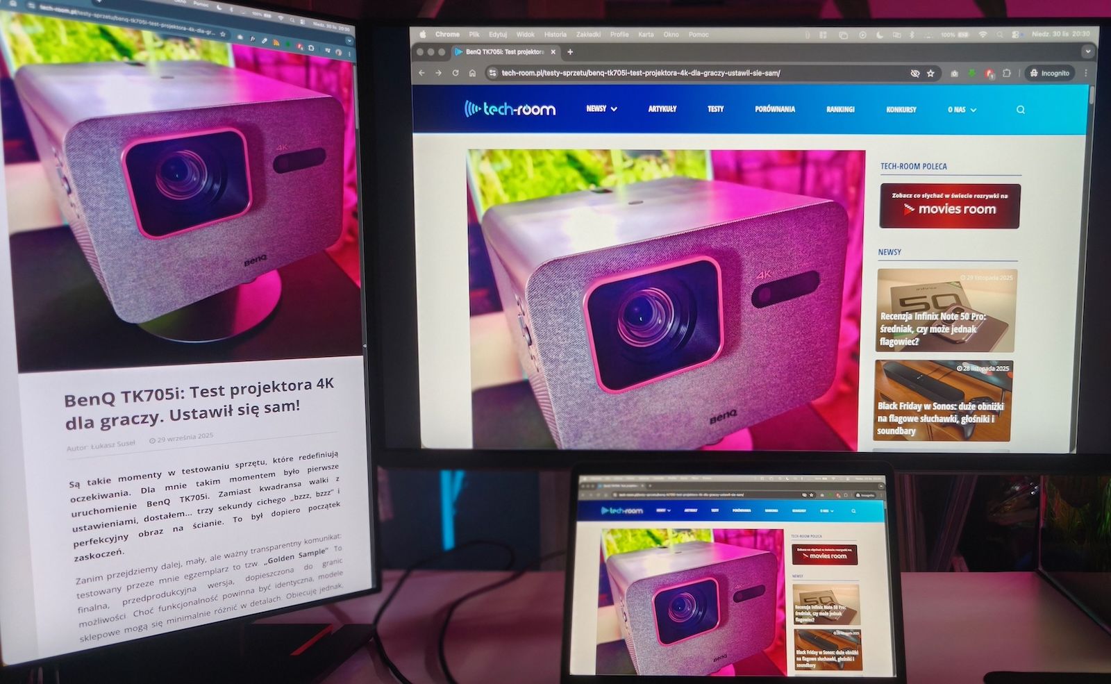 Stanowisko pracy z trzema monitorami: BenQ MA320U, pionowy monitor pomocniczy i MacBook