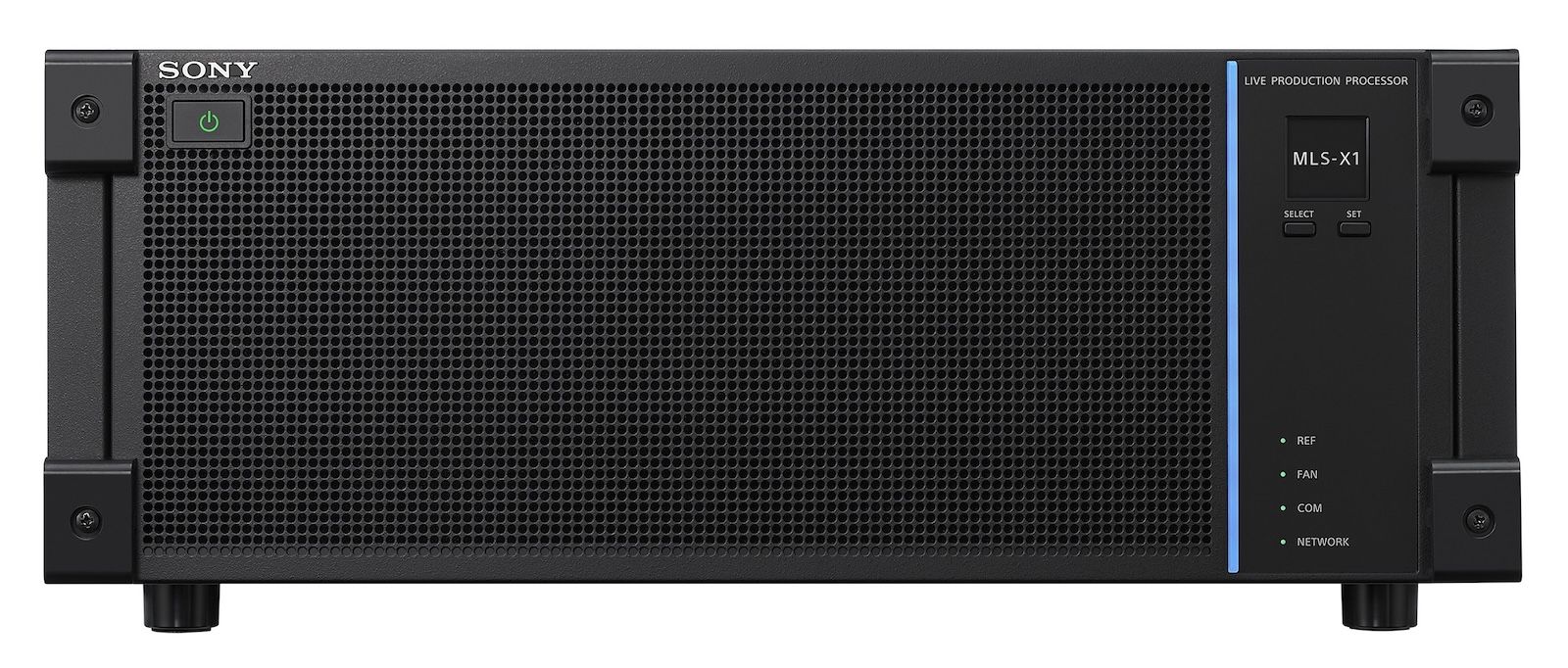 Panel frontowy procesora Sony MLS-X1 z wyświetlaczem kontrolnym i wskaźnikami statusu sieci