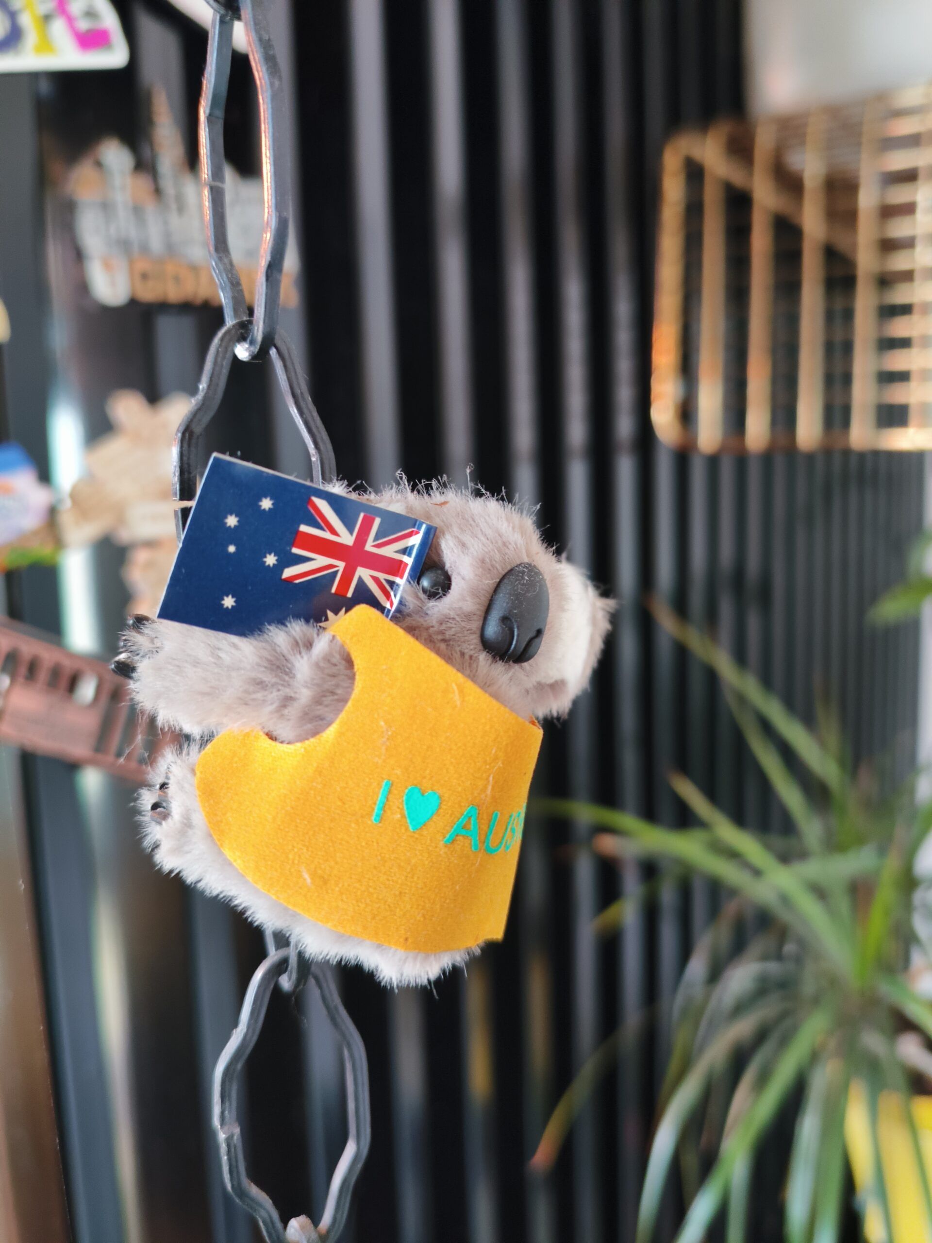 Test głównego obiektywu Oukitel WP200 Pro w pomieszczeniu - pluszowy miś koala z flagą Australii powieszony na łańcuchu