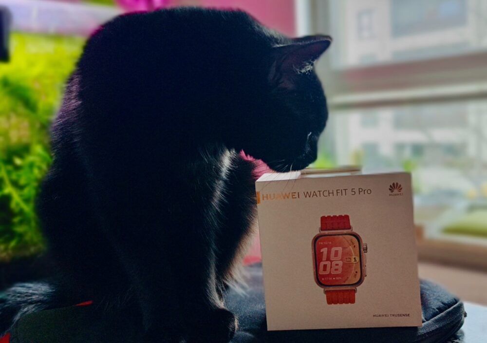 Czarny kot obok pudełka smartwatcha Huawei Watch Fit 5 Pro