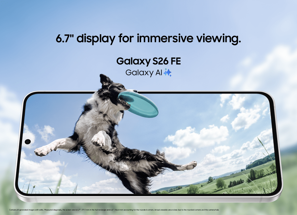 Samsung Galaxy S26 FE z psem wyskakującym z ekranu