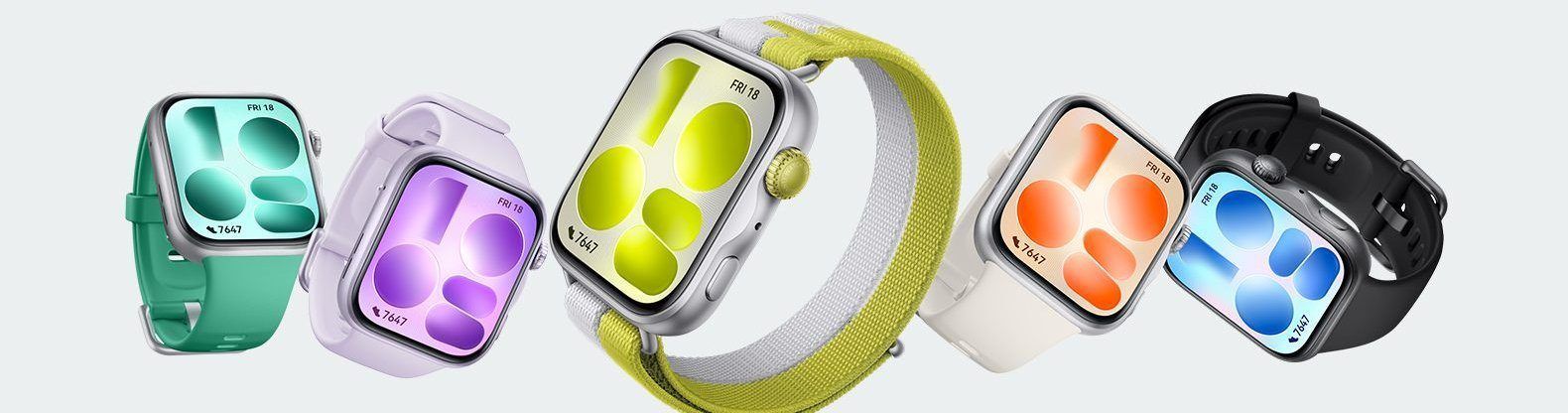 Pięć Huawei Watch Fit 5 w różnych kolorach