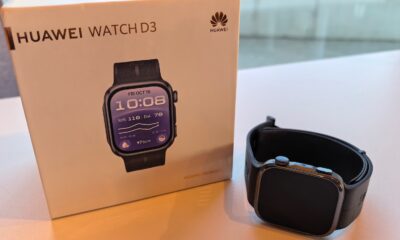 HUAWEI WATCH D3 czarna wersja zegarka stojąca obok oficjalnego pudełka