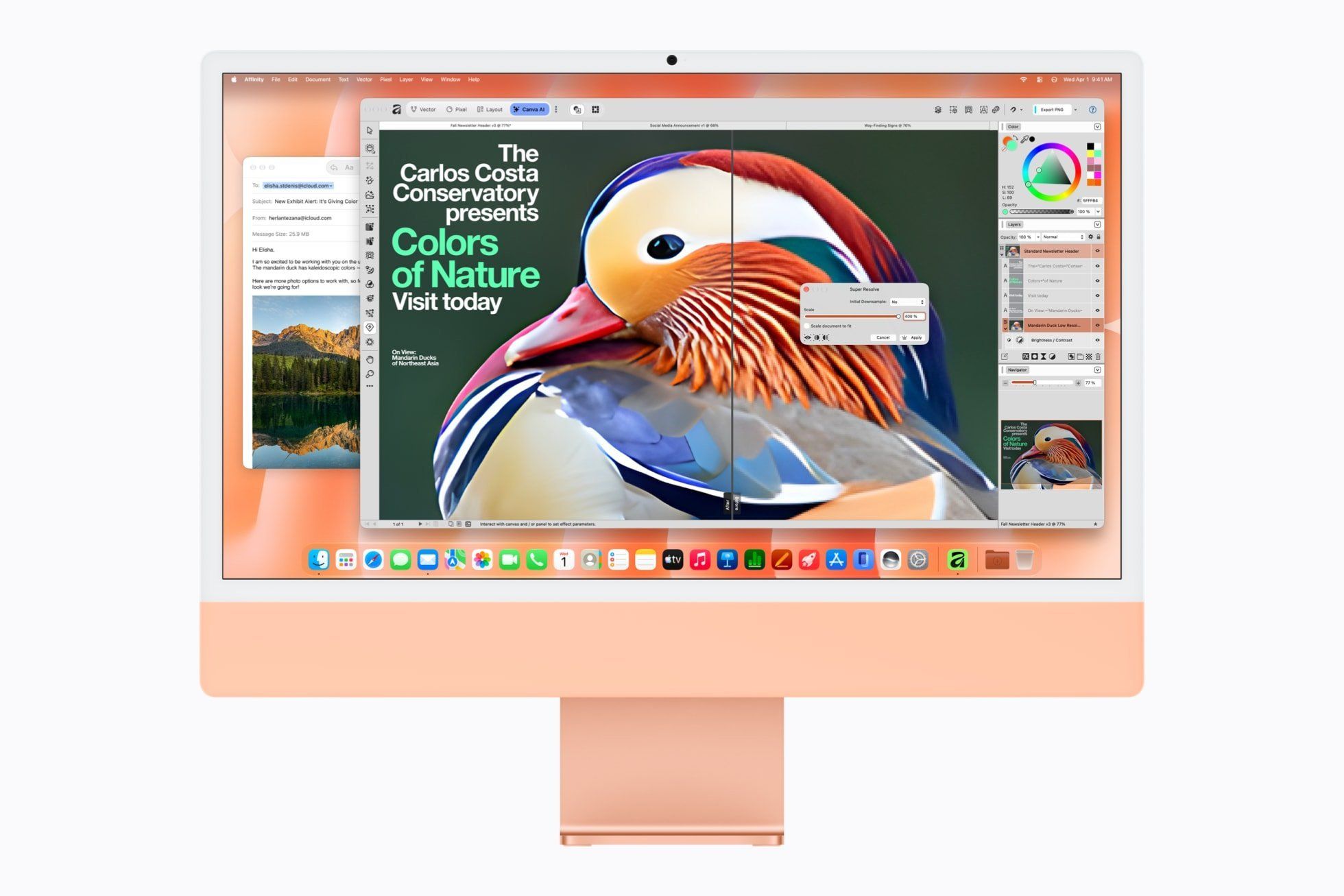 Ekran komputera Apple iMac M6 z oprogramowaniem Affinity i Mail