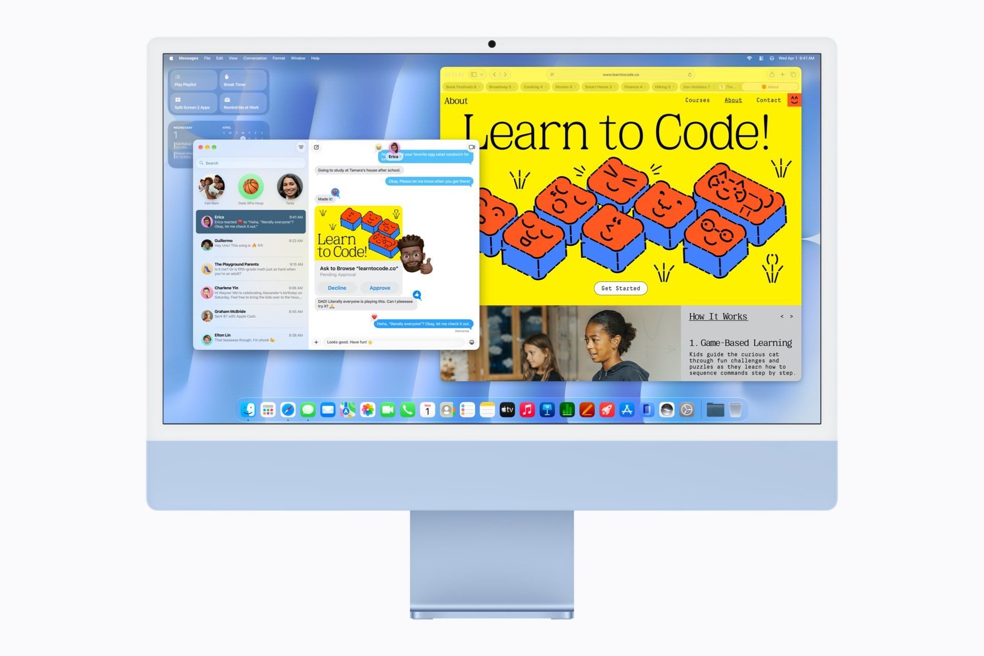 Ekran komputera Apple iMac M6 z otwartymi aplikacjami Messages i Safari