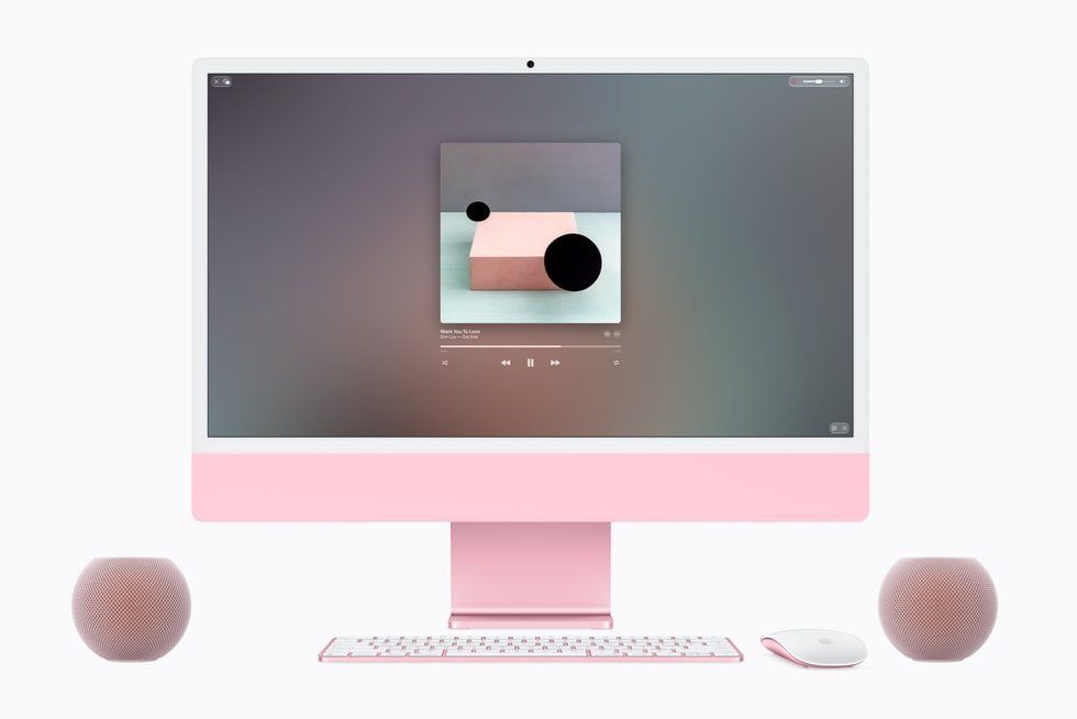 Różowy Apple HomePod mini 2 z komputerem Mac